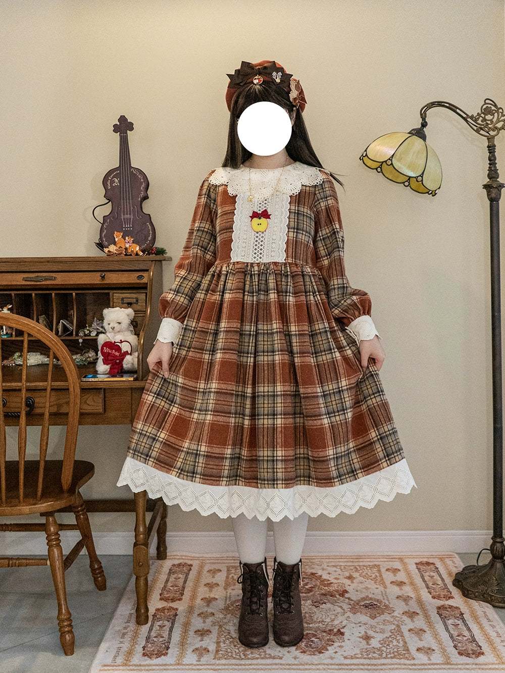 (BFM)Miss Point~Fat Fox in the Forest~Customized Lolita OP Dress Plaid Loose Daily Dress S Plaid Dress 