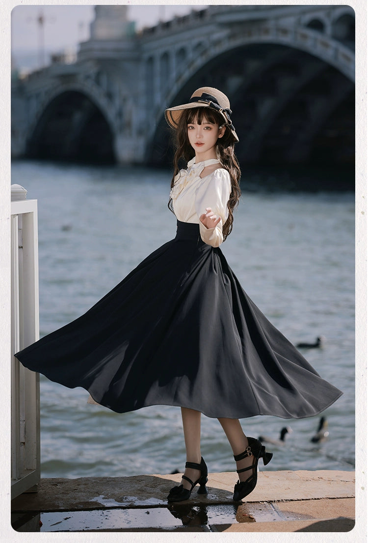 With PUJI~Roman Holiday~Classic Lolita OP Dress Faux Two-Piece Long Sleeve Dress Spring   