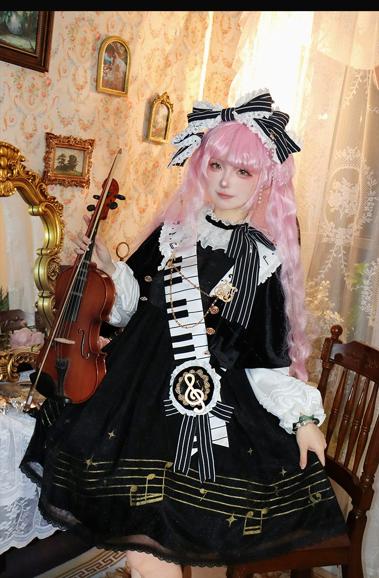 Forest Fluorescent Carps~Black and White Sonata~Ouji Lolita Vest Suit and Vintage Lolita OP Dress 42067:724862