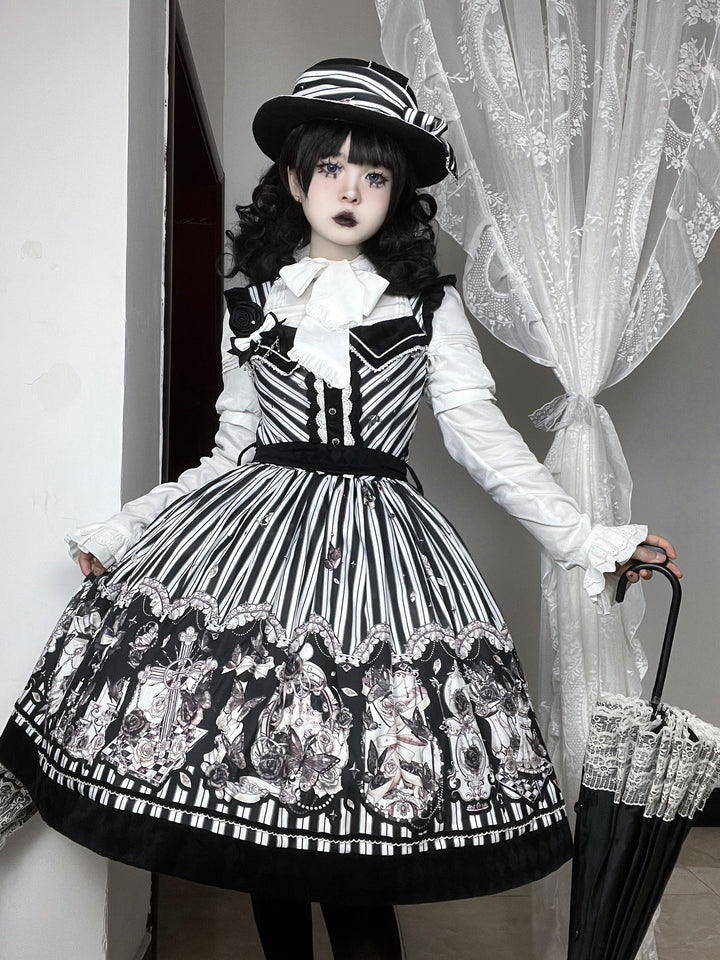 (Buyforme)Little Bear~Gothic Lolita Black and White Striped JSK Set   