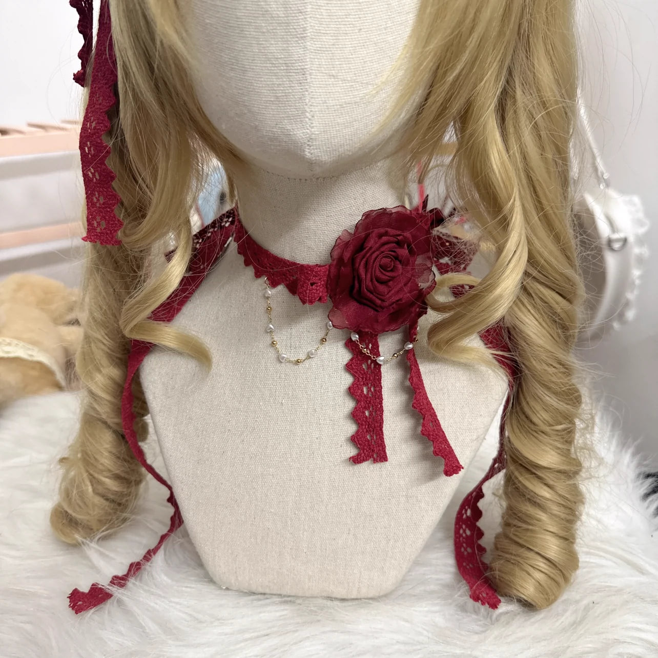 Chestnut Lolita~Elegant Lolita Rose Choker Handmade Headdress Set Multicolors solid red choker  