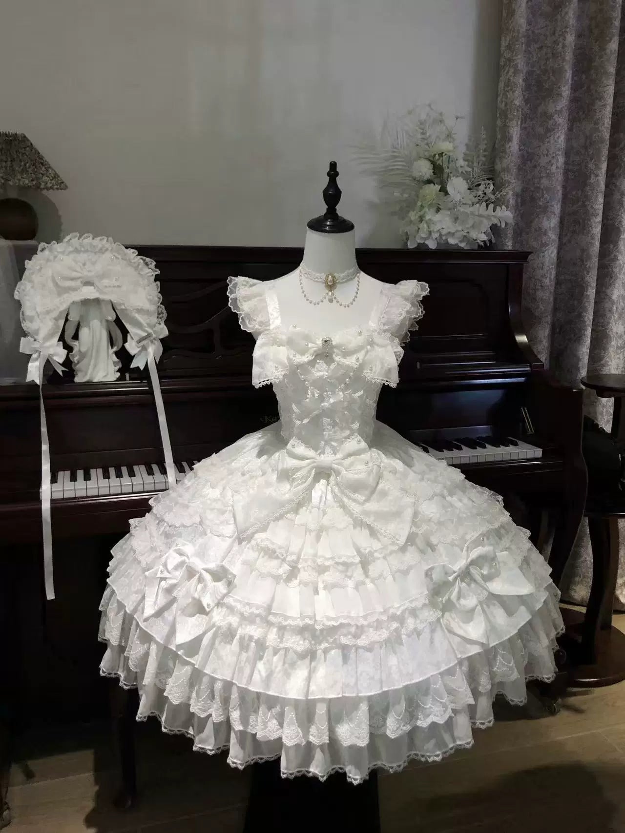 Slumbering Pearl Curtain - Sweet Lolita JSK Dress, Pearl Bows and Layered Lace 45780:862490