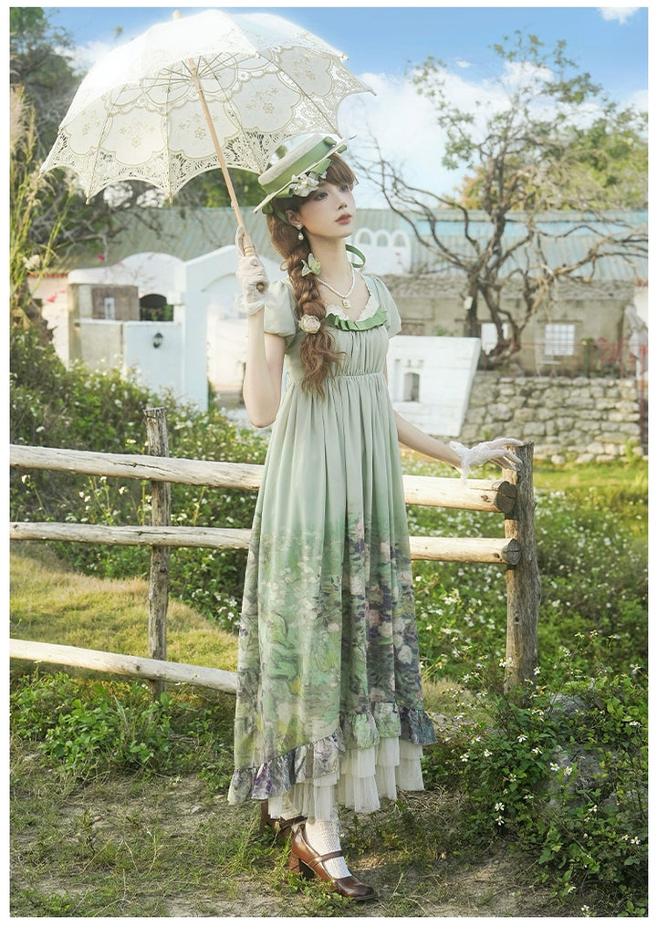 With PUJI~Blooming Rose~Chiffon Classic Lolita Dress Set Painting Styled OP & JSK