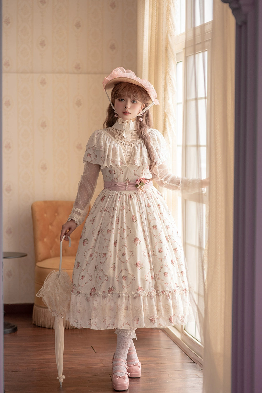 (BFM)Miss Point~Wood Rose 2.0~Elegant Vintage Lolita OP Dress Edwardian Flower Wall Dress   
