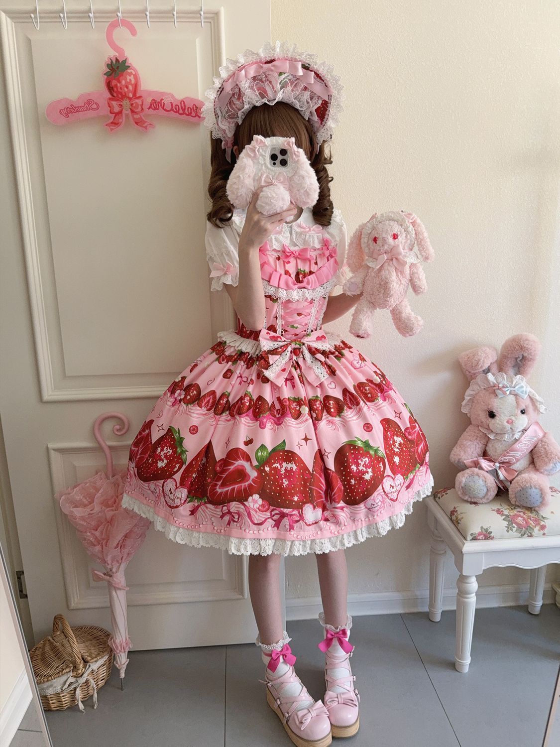 Hanguliang - Strawberry Tale - Sweet Lolita JSK Strawberry Printed Dress Pink JSK only S
