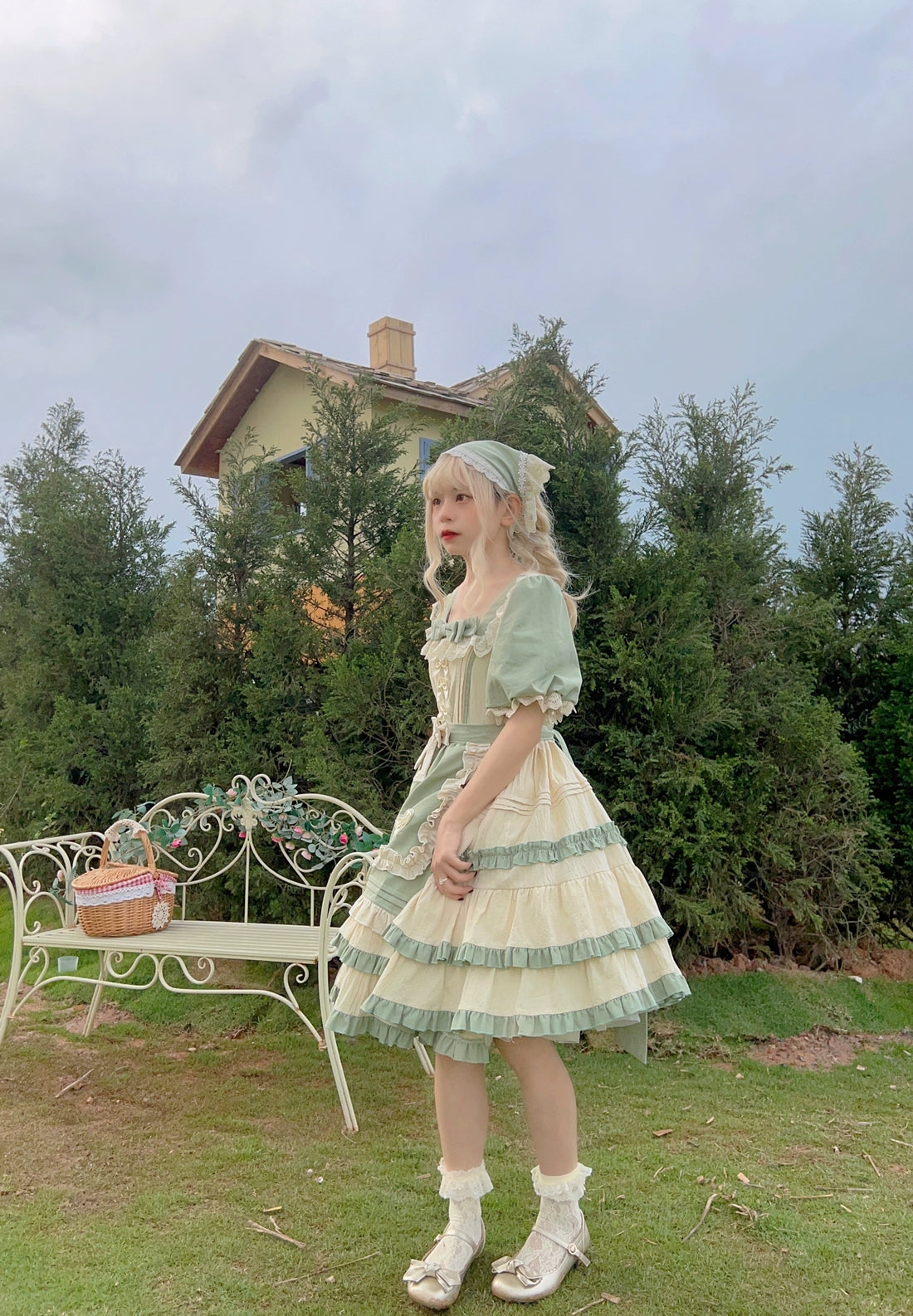 Sugar Girl~Country Lolita OP Dress Short Sleeve Summer Dress Grass Green OP (Short) S 