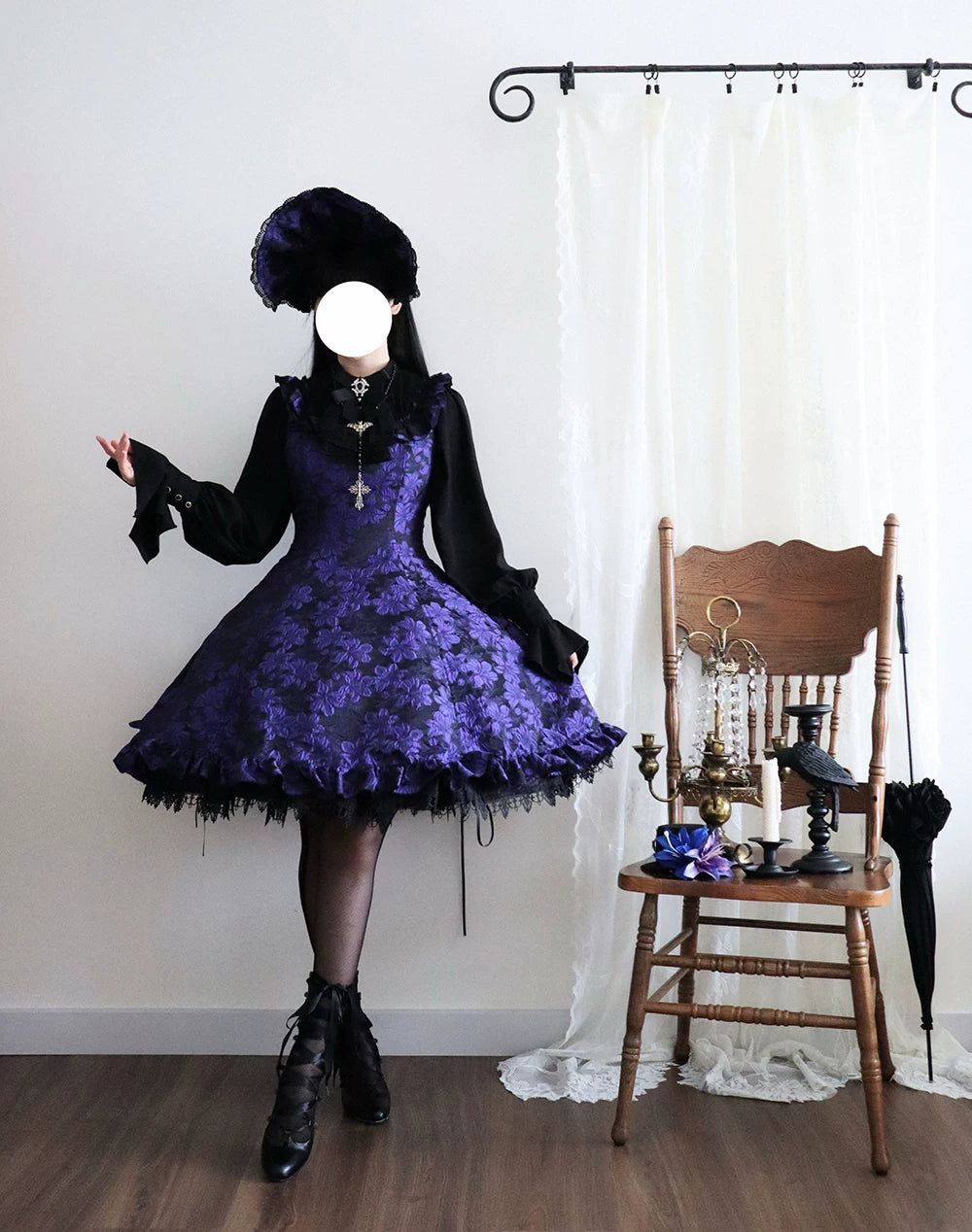 Midnight Lily - Gothic Lolita Lily Jacquard JSK Dress, Drawstring Lift-up Hem 45765:861816