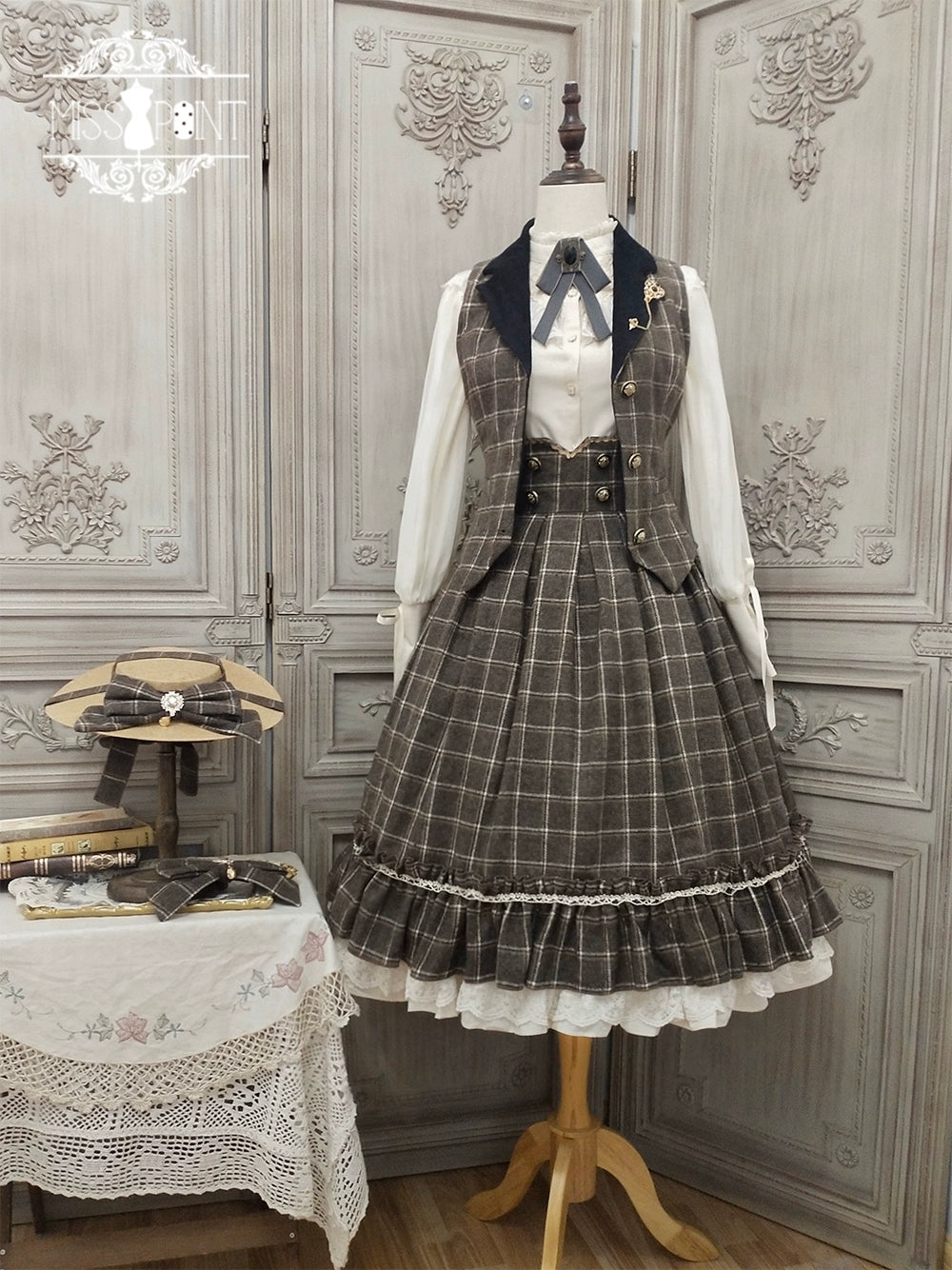 (BFM)Miss Point~Rose~Elegant Lolita Fishbone Grid Skirt Customized 32512:385060