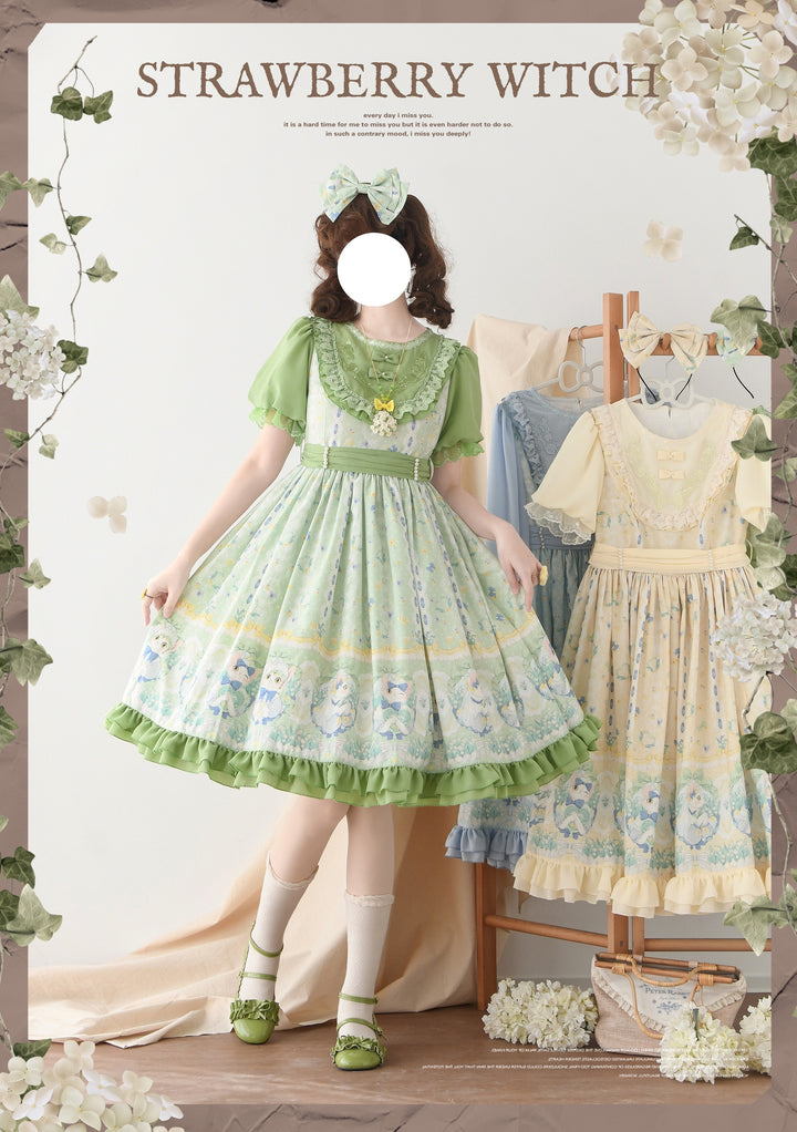 Strawberry Witch~Lily of the Valley Kitten~Country Lolita OP with Embroidery and Cat Print 42299:735694