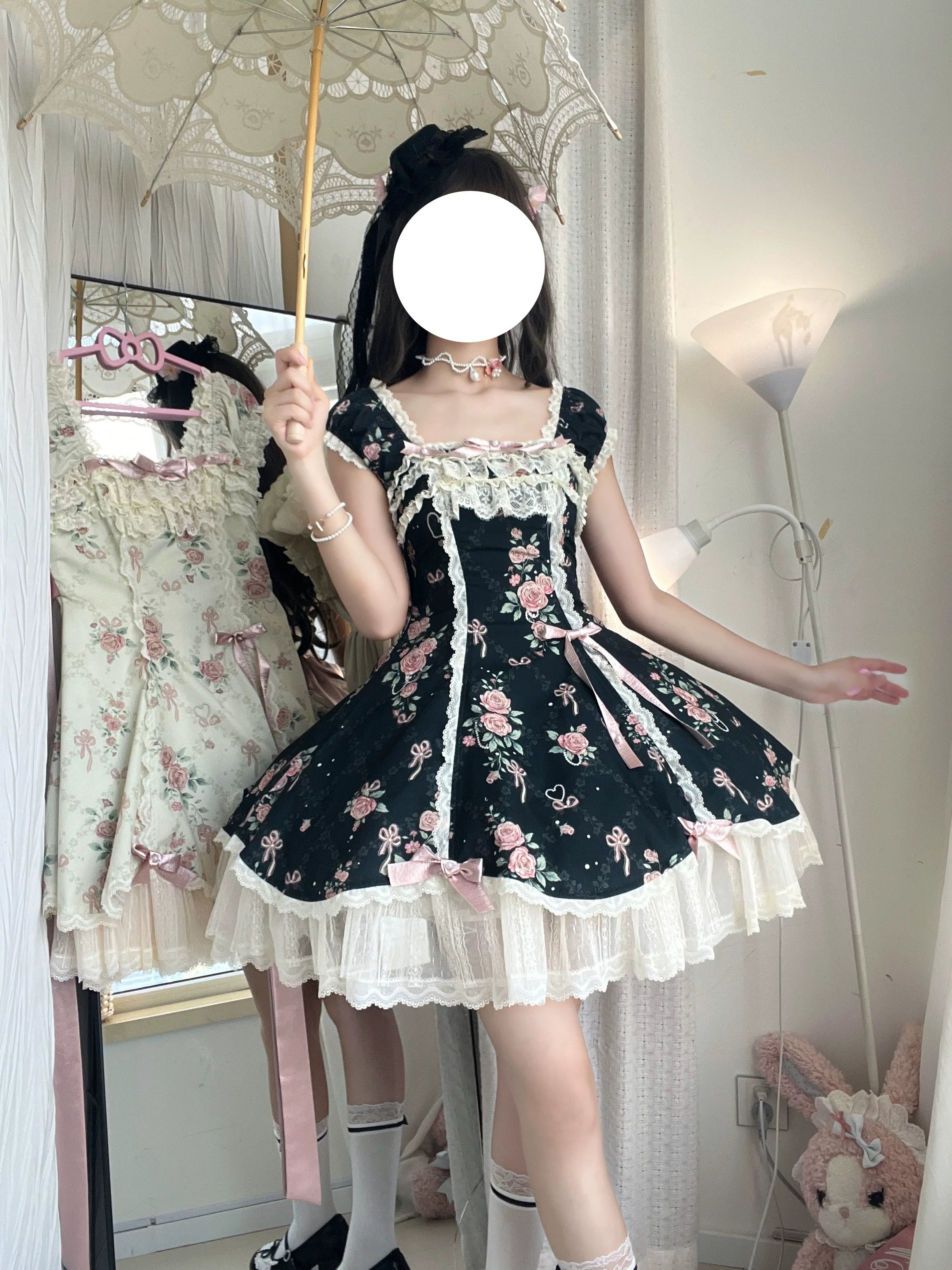 Pearl & Rose - Old School Lolita Floral Print Lolita OP Dress, Back Opening 45925:868402