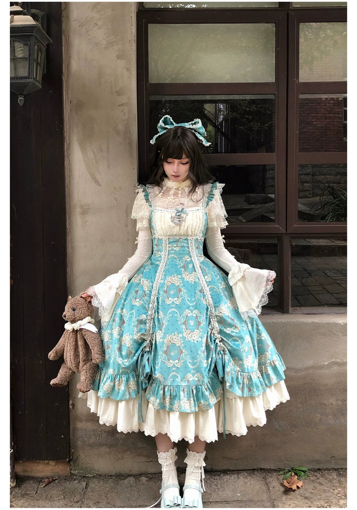 Old Courtyard Floral Letter - Classic Lolita Printed JSK Dress Set, Drawstring Lift-up Hem 46102:875289