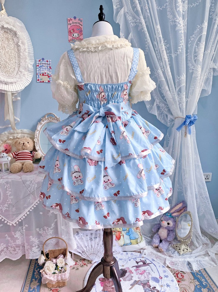 Night Never Sleeps - Bobble Bunny - Kawaii Lolita JSK Tiered Ruffles Dress with Bunny Print