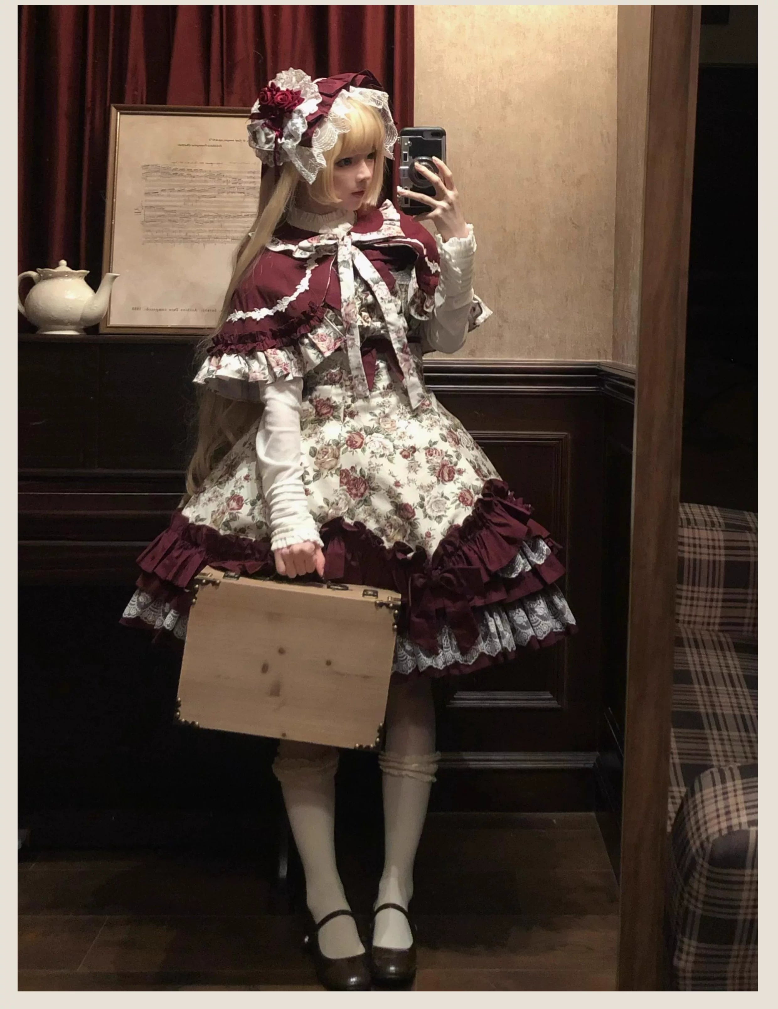 Burgundy Rose - Floral Printed Old School Lolita JSK, Elegant Cape