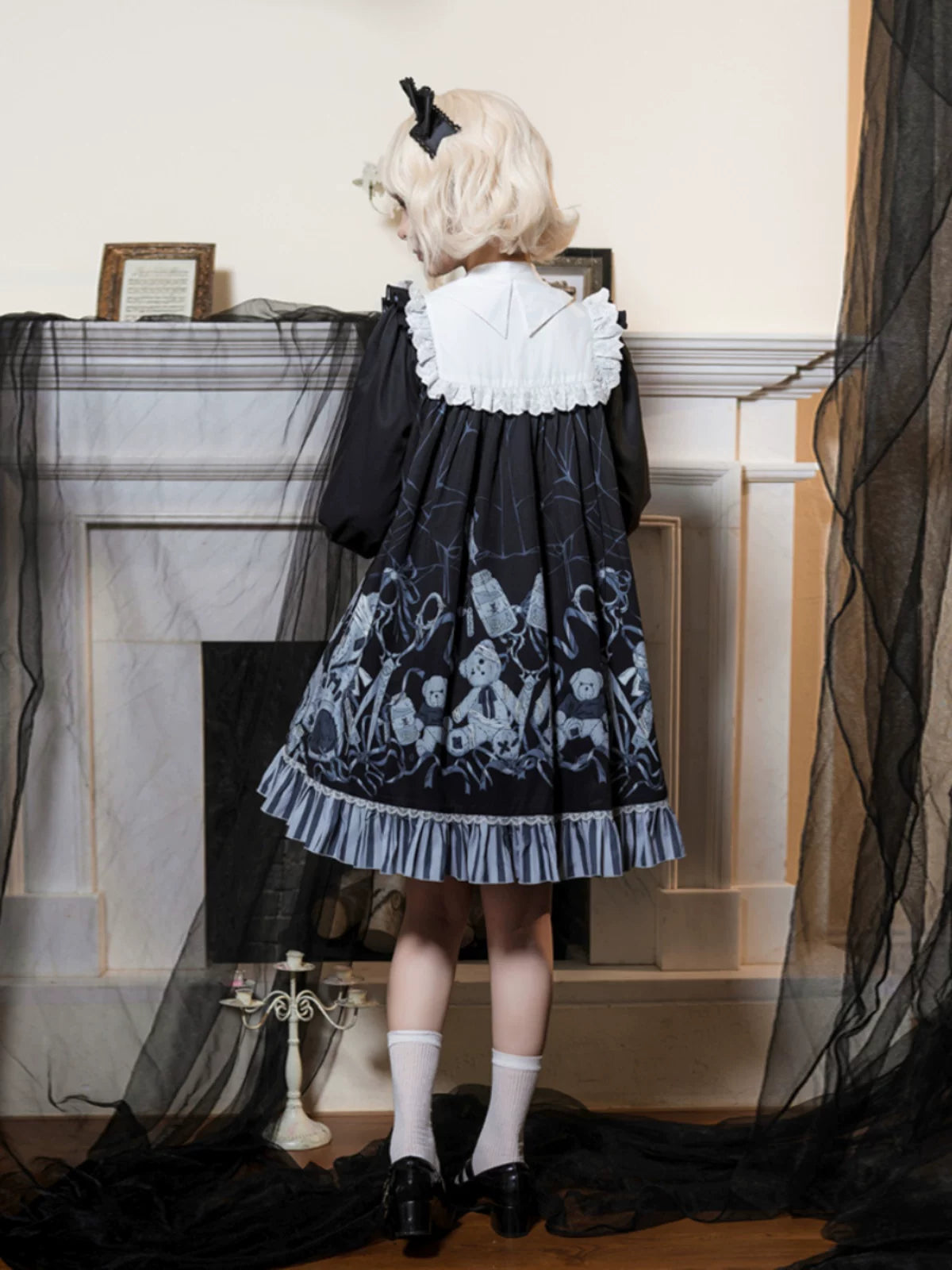 Bandage Bear - Gothic Lolita Long-Sleeve OP Dress, Teddy Bear Print 45908:867388