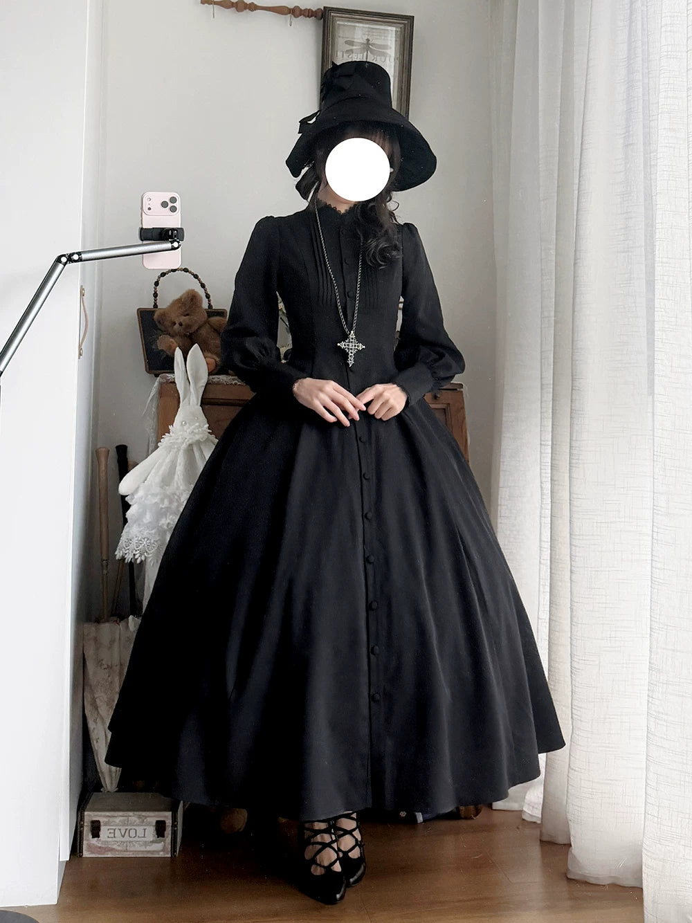 Astrea - Black Classic Lolita Long OP Dress, Side Pockets