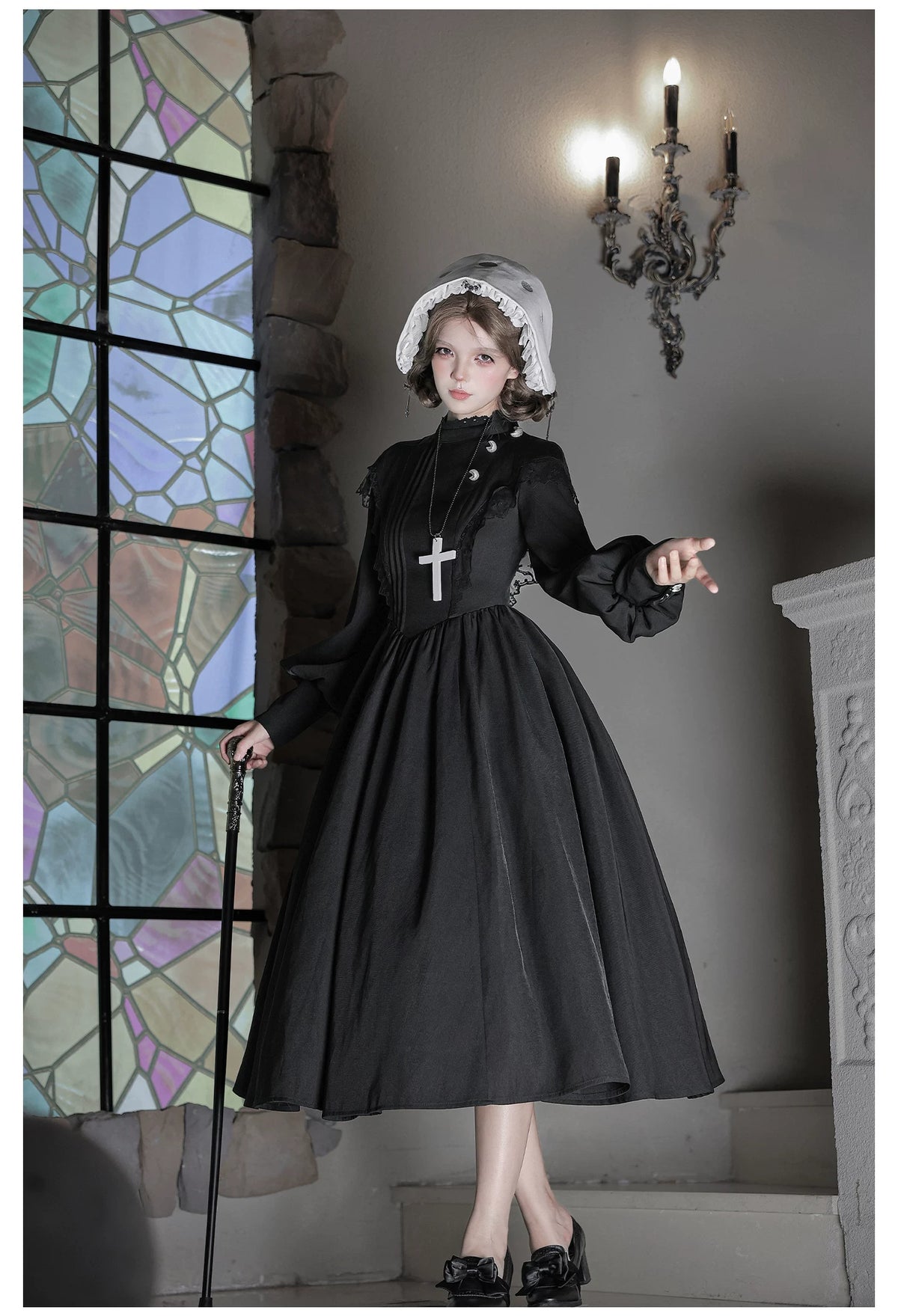 Moon Phase - Gothic Lolita OP Dress Set, Detachable Cross-Shaped Apron 46035:873401