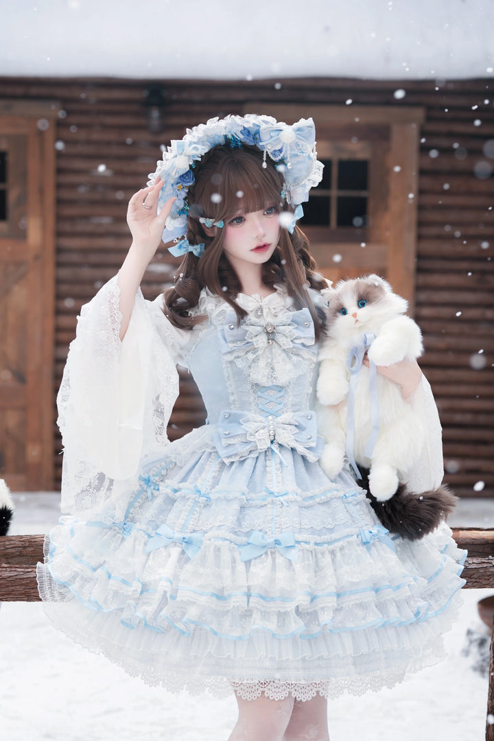 Flower Banquet~Wishing Star~Sweet Wedding Lolita JSK Bridal Lolita Dress Blue S JSK + Trailing + BNT