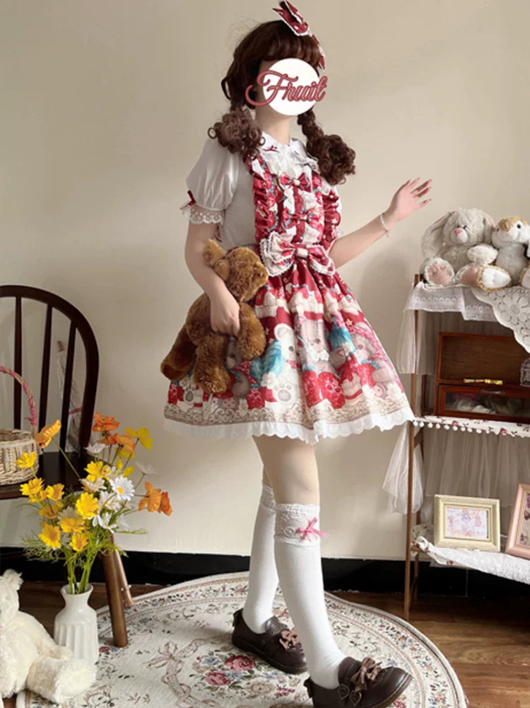Bearberry Pastry Chef - Kawaii Lolita Salopette Dress, Bear & Strawberry Print