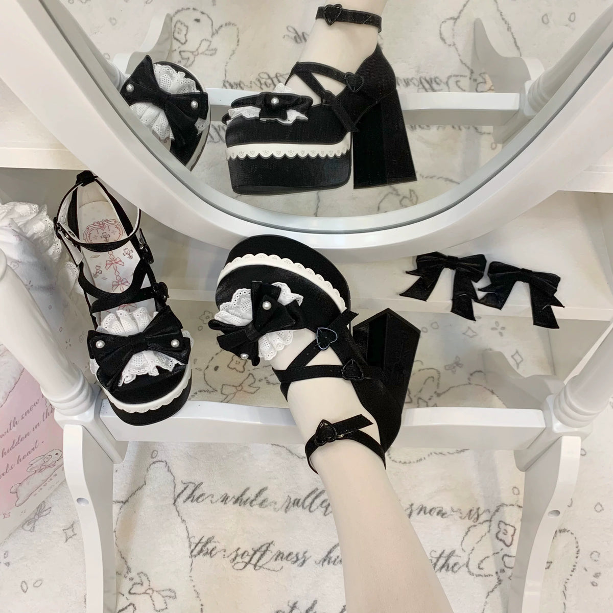 Tea Party Tale - Sweet Lolita Platform Heels, Bow Strap & Fork Embroidery 45905:867639