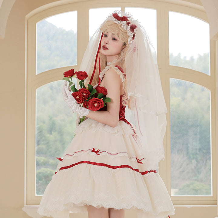 Mademoiselle Pearl~Silk Ballet~Wedding Lolita Veil Accessories Set Veil (Red)  