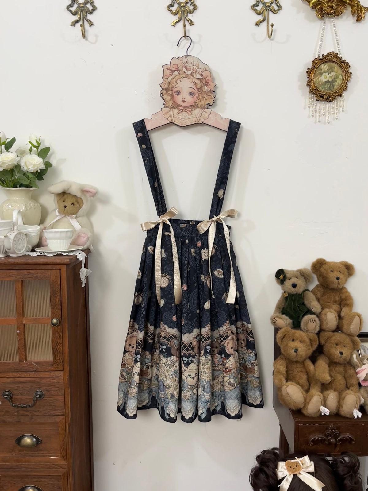 Bear's Tea Party - Kawaii Vintage Lolita Suspender Skirt, Bear Print (L M S) 46007:871906
