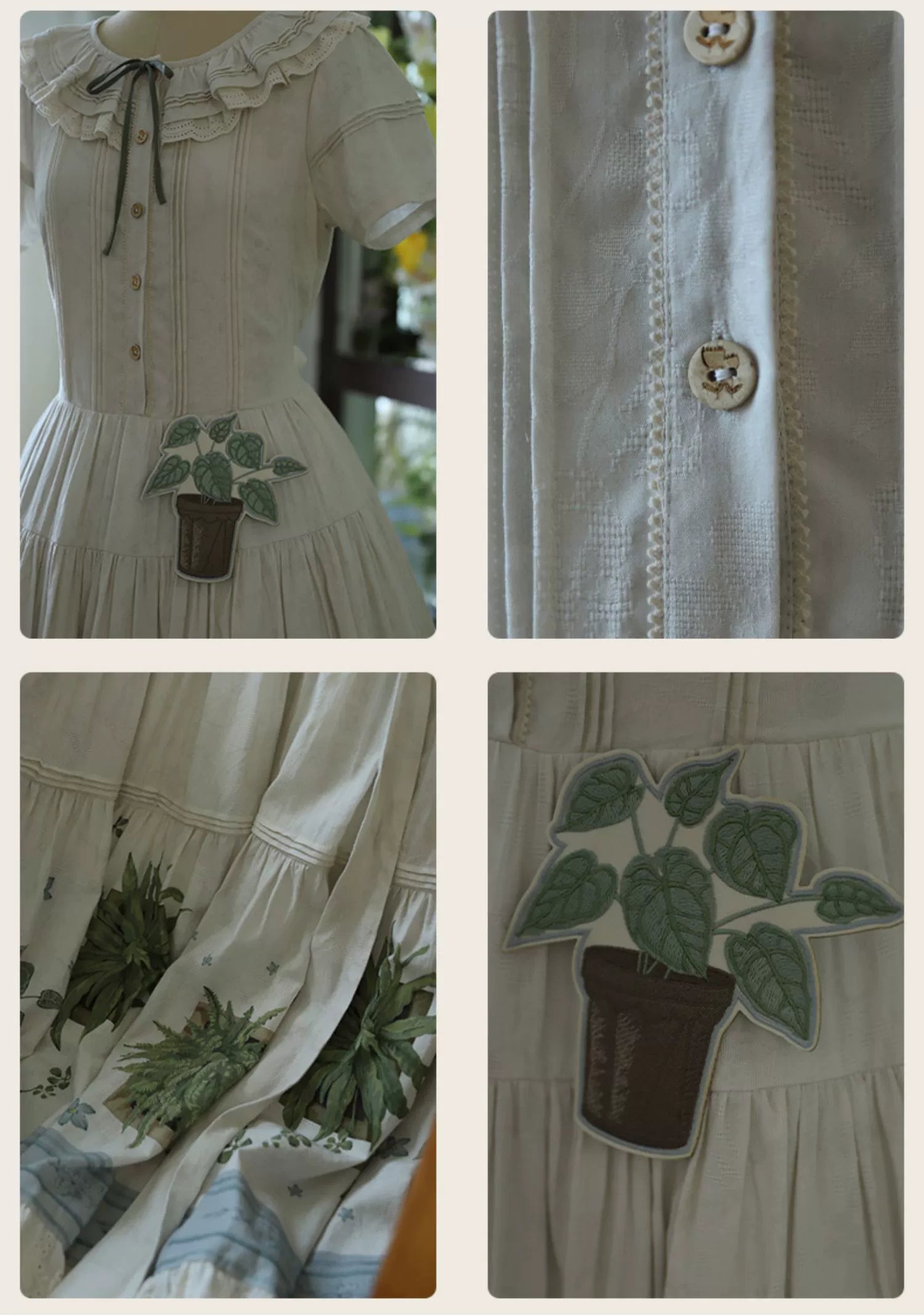 Piggy Bun - Potted Plant - Country Lolita Dress, Green Plant Print