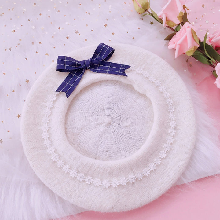 FanMengJia~Sweet Lolita Beret Woolen Bow Lolita Hat M Navy plaid + off-white lace beret+ a pair of clips 