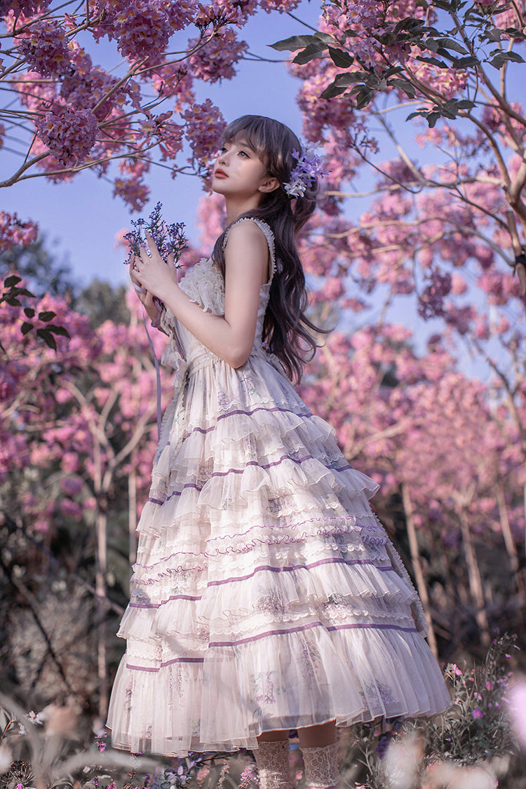 Avenue Denfer~Floral Veil~Elegant Lolita JSK Suit Floral Print Dress and Tulle Shawl