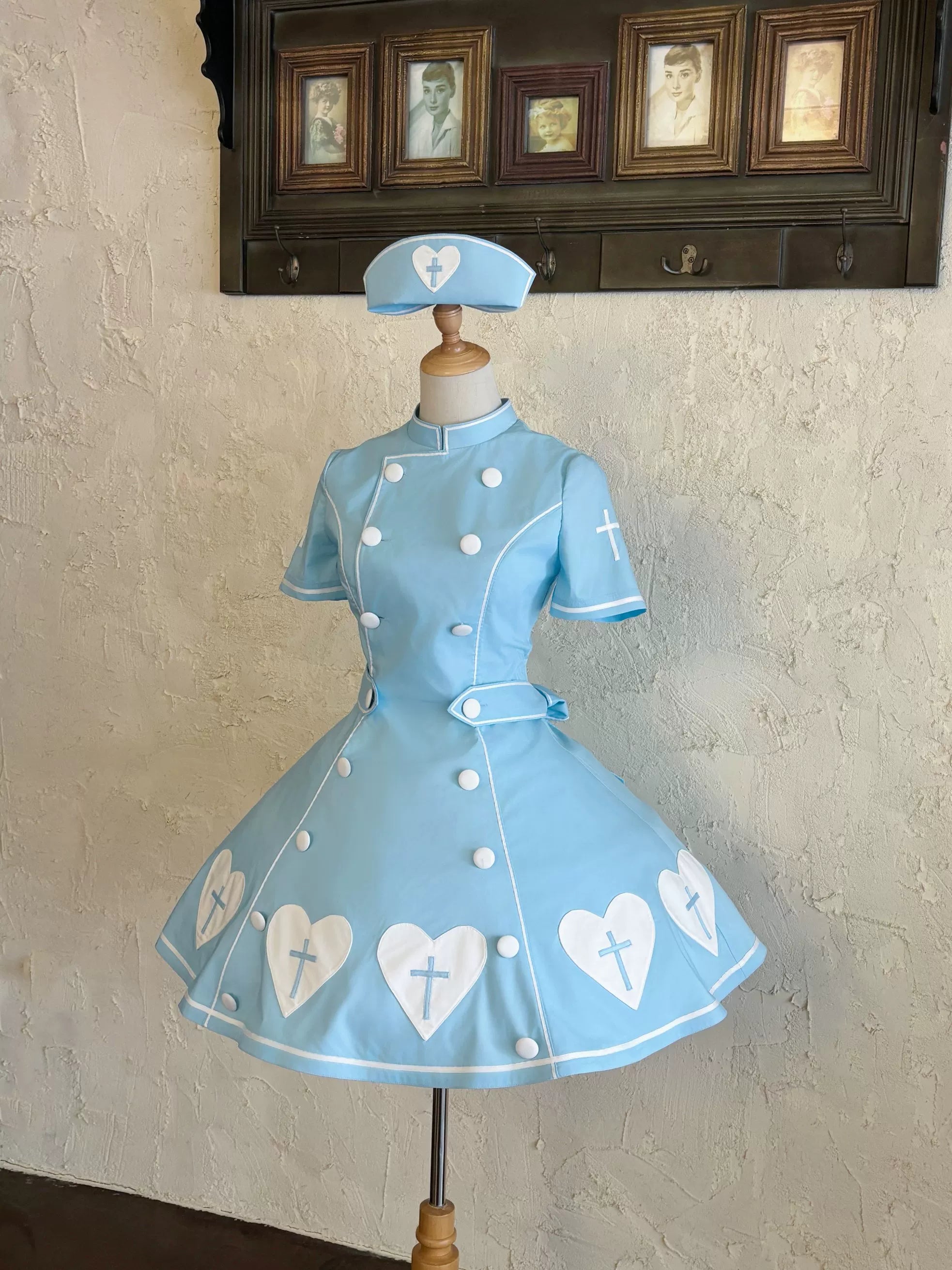 Sweet Heart Hospital - Old School Lolita Stand Collar OP Dress, Heart-cross Patches
