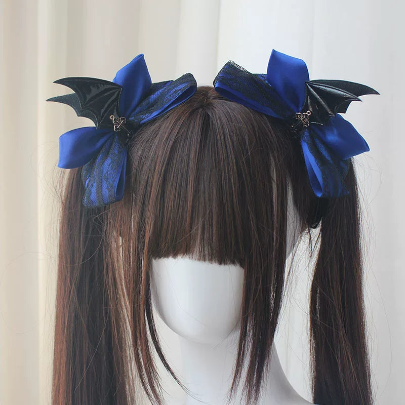 Gothic Lolita Hair Clips, Cross & Devil Wings Cobalt Blue