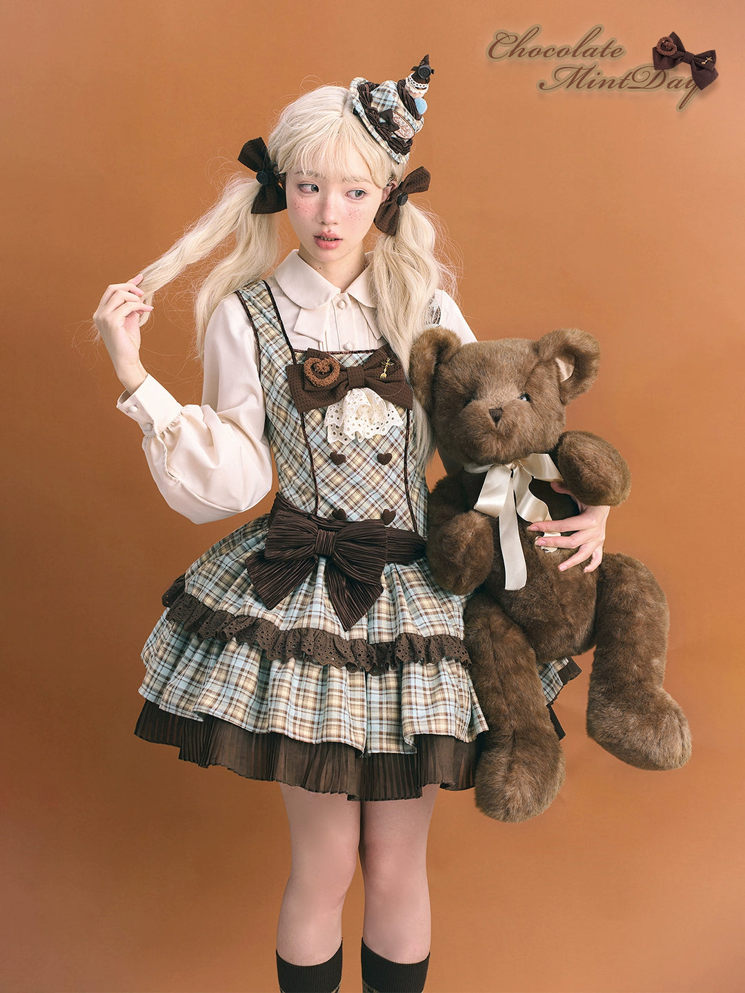 Tan Tuan - Chocolate Mint Day - Kawaii Lolita Jumper Dress, Tiered Ruffles, Sweater Cape