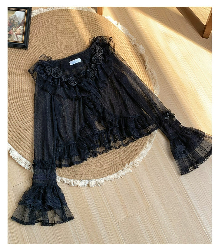 With PUJI~Flower Visage~Summer Lolita Sheer Cardigan with Rose Brooch 42927:759146