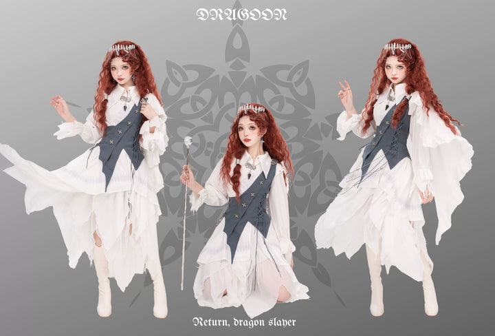 Wuyuzhe~Dragon Knight 2.0 Version~Western Fantasy Style Suit Gothic Shirt Vest Skirt free size white blue FS(white shirt+blue vest+white skirt+white cape) 