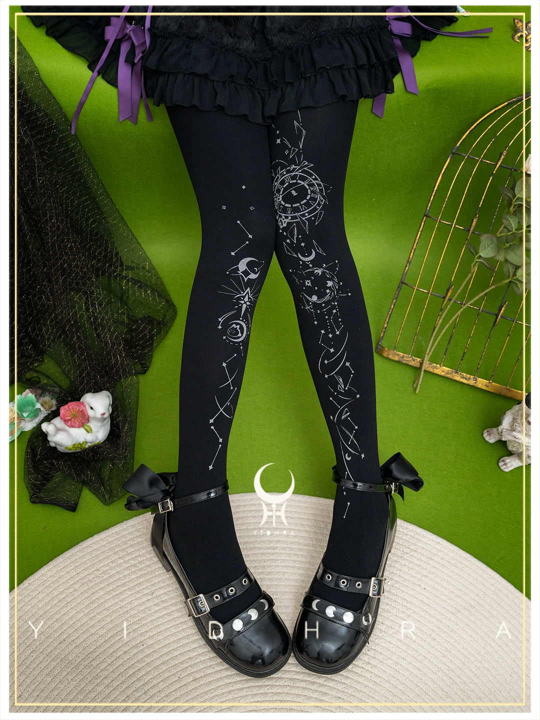 Yidhra~Gothic Lolita Pantyhose Printing Lolita Tights A pair of black-silver pantyhose (120D) Free size