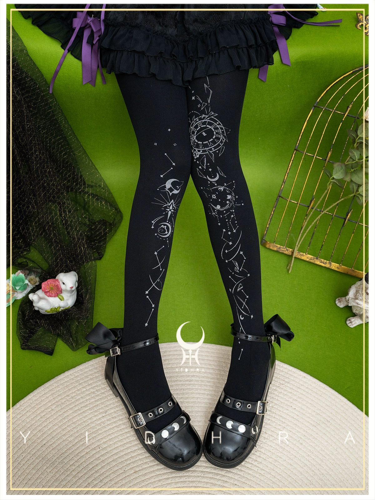 Yidhra - Gothic Lolita Pantyhose Printing Lolita Tights A pair of black-silver pantyhose (120D) One Size