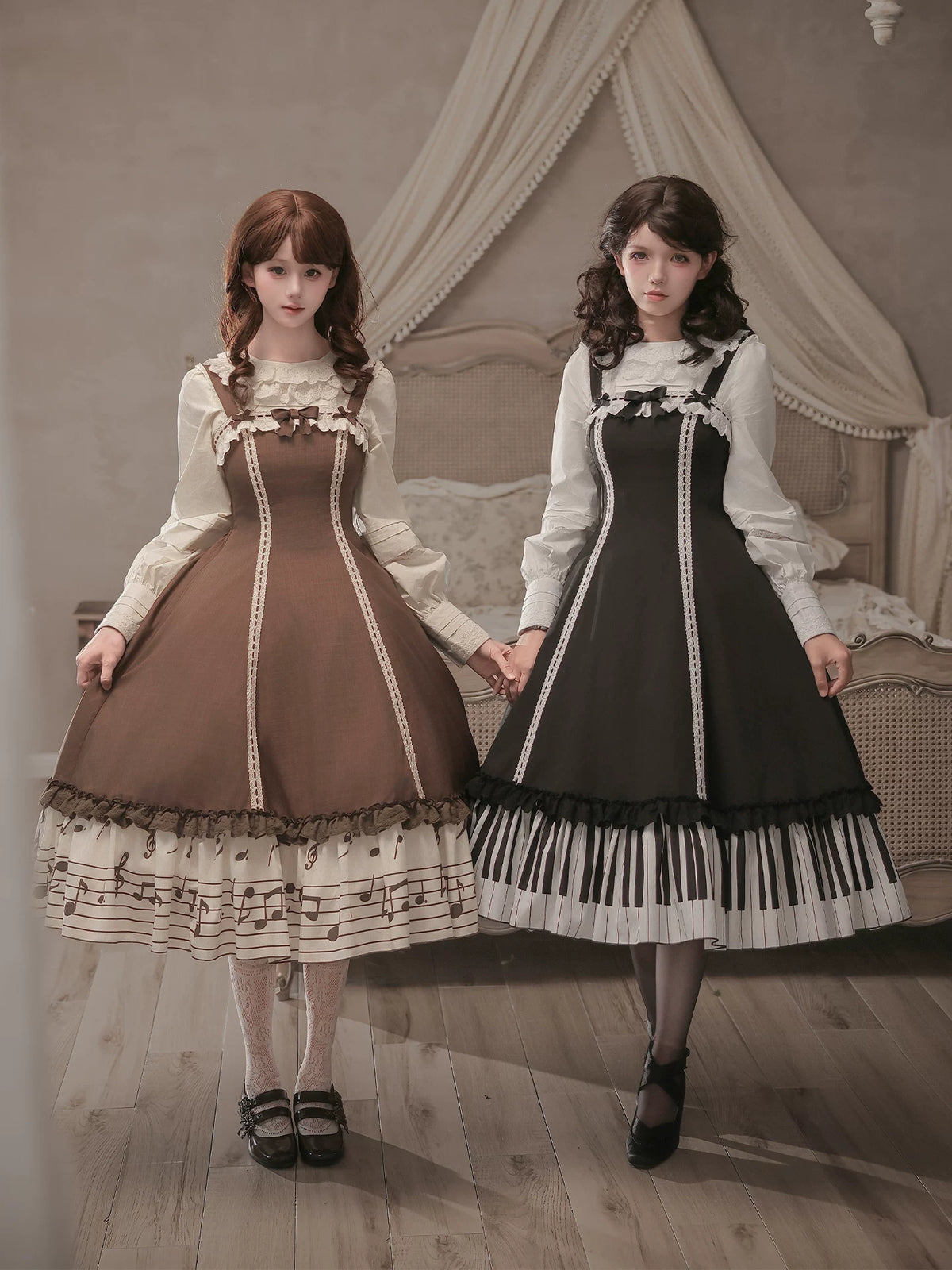 Solo Moment - Classic Lolita JSK & Blouse Dress Set, Piano Keys Print 45940:869034