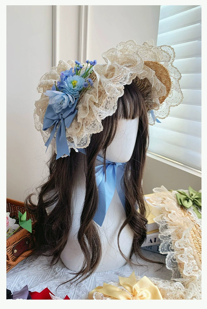 With PUJI~Floral Language~Country Lolita Lace Bow Flat Cap Straw Hat   