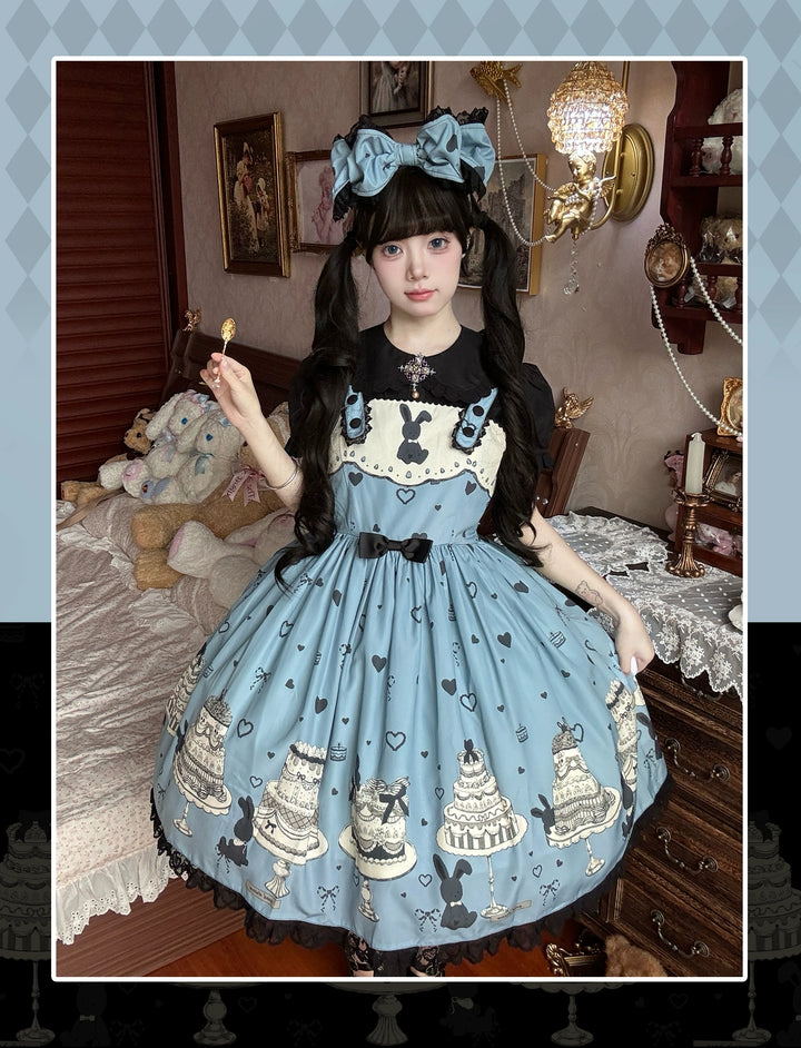 Sweet Dream Sheep - Cake Bunny - Blue Sweet Lolita Dress, Bunny&Cake Print