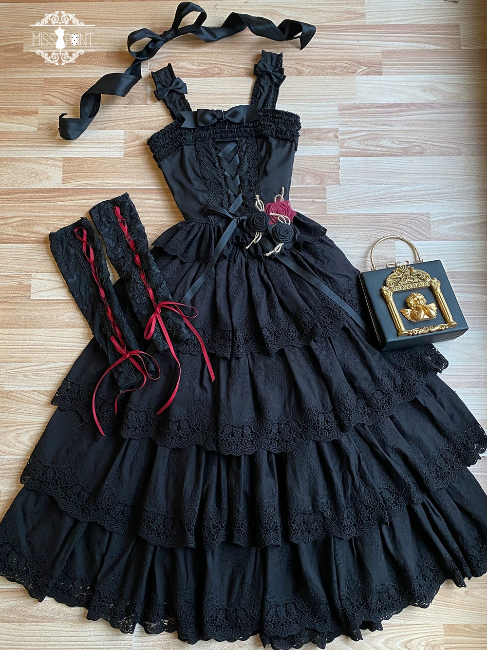 Miss Point~Forest Waltz~Cotton Lolita Camisole Embroidered Cami Top XS Black Fitted camisole(with 3 bow pin and a strap) 