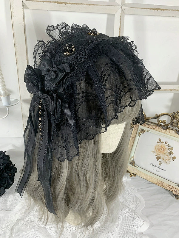 Sweet Jelly Lolita - Gothic Lolita Headband Black Bow Lace Hair Accessory black headband (updated lace pattern)