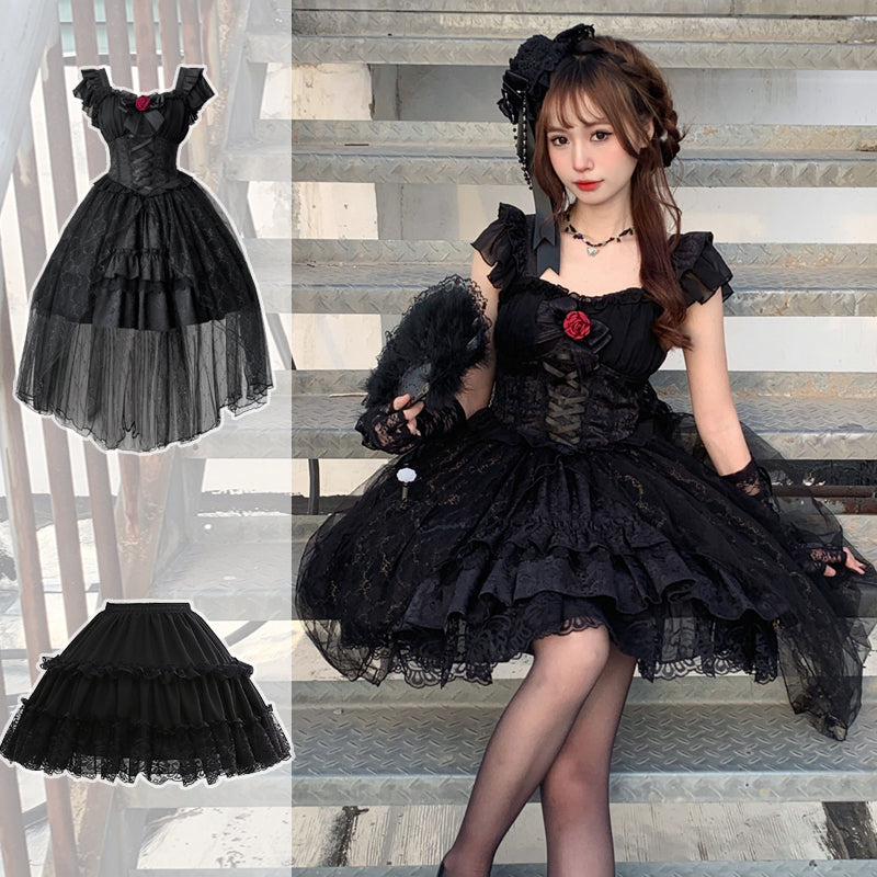 Your Princess~Gothic Lolita Black A-shaped OP S black dress+fish-bone petticoat+a back bow 