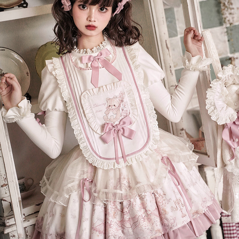 Half Sweet Lolita - Doll Garden - Sweet Lolita JSK Dress Cat Print Pink Dress Set S off-white apron in stock
