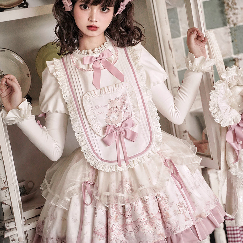 Half Sweet~Doll Garden~Sweet Lolita JSK Dress Cat Print Pink Dress Set S off-white apron 