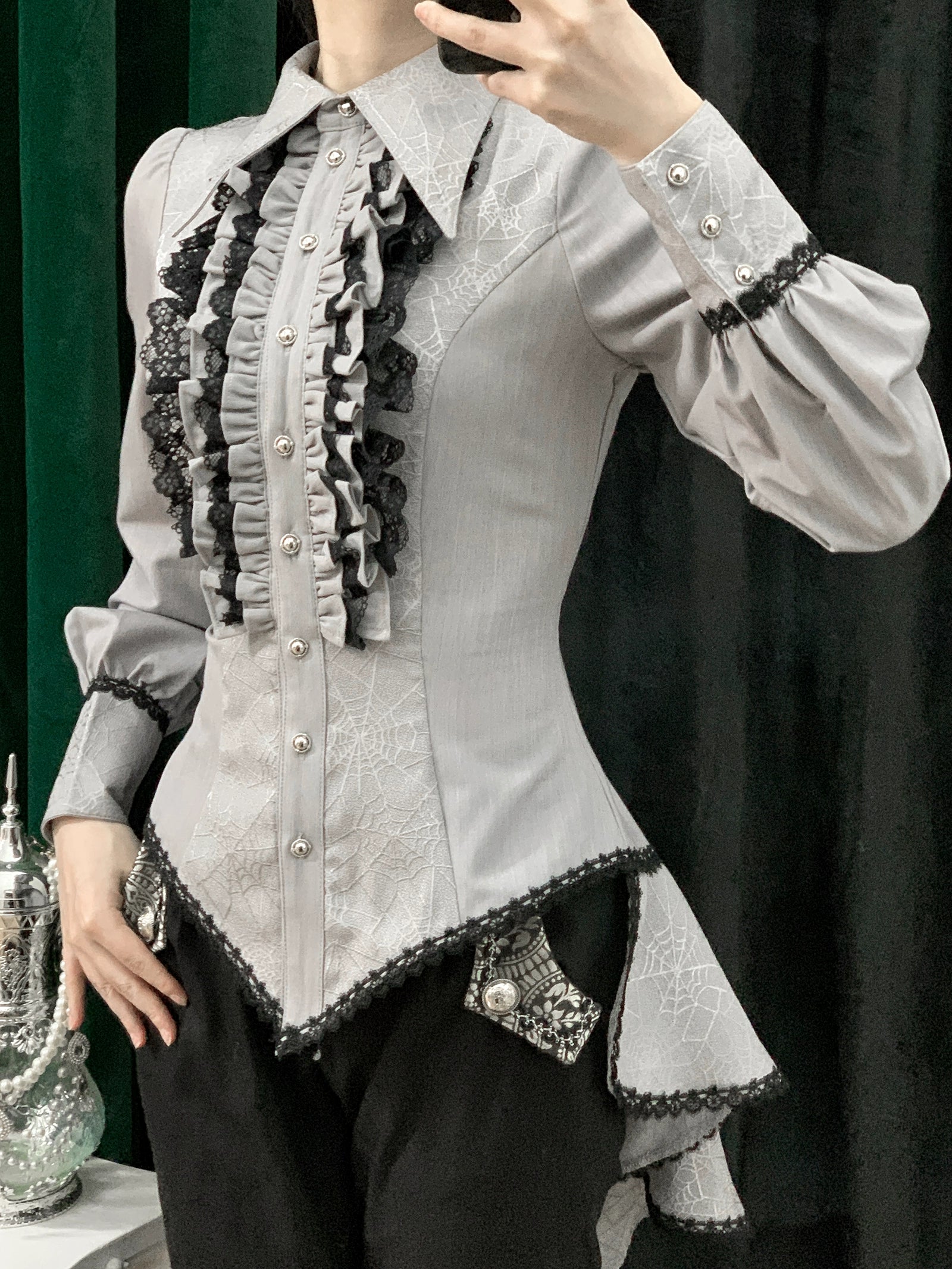 Little Dipper - Cold Rice - Ouji Lolita Shirt With Spiderweb Pattern in Several Versions Short Sleeves - Light Gray - Long Version M