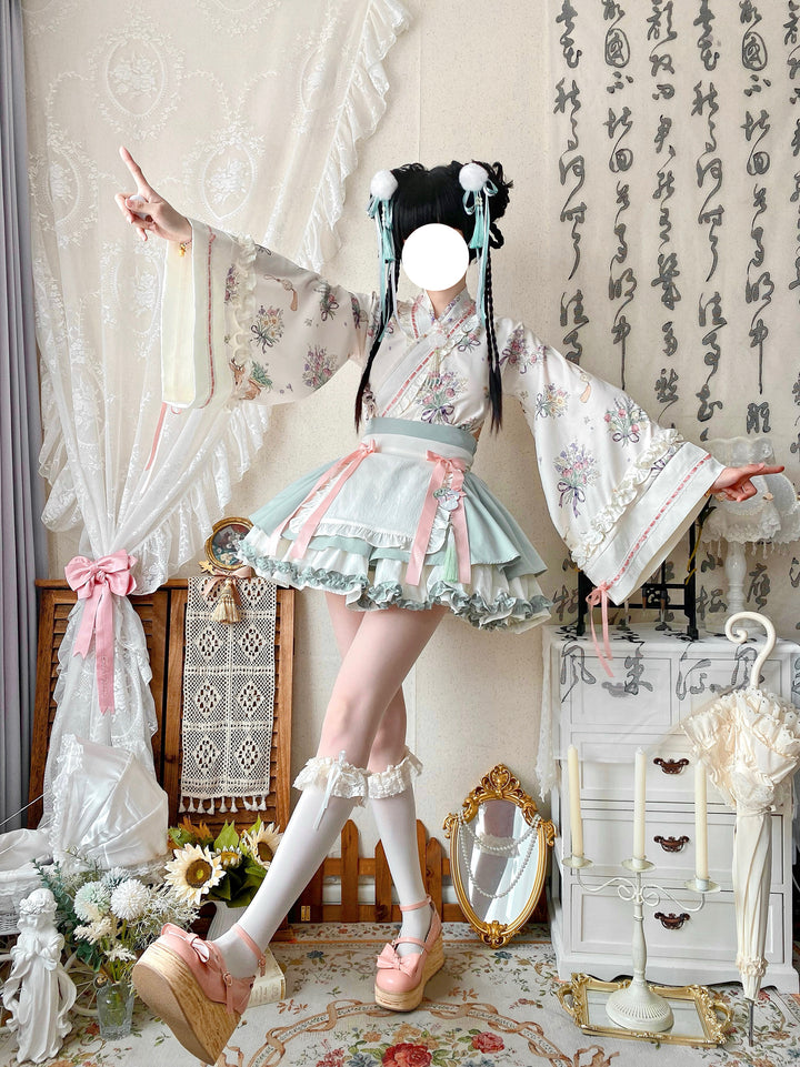 Qianmu~Little Herbalist~Han Lolita Skirt Outfit with Cross-collar Blouse and Apron