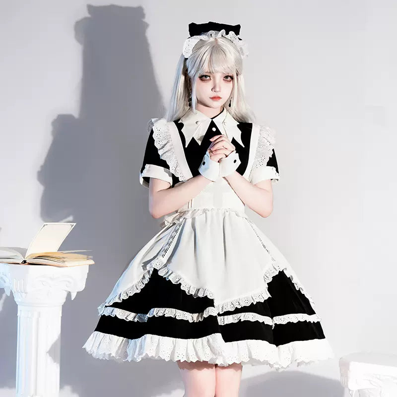 Cornfield Lolita~Temple Maid~Sweet Lolita OP Batwing Collar Short Sleeve Dress with White Apron 36960:547098