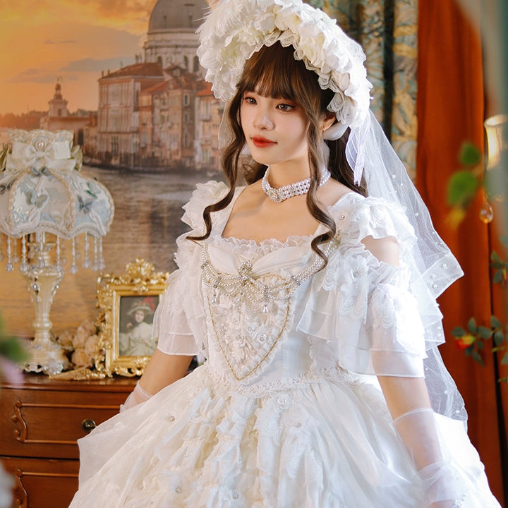 One Night~Dolores~Wedding White Lolita Dress Princess Bridal OP Bonnet S