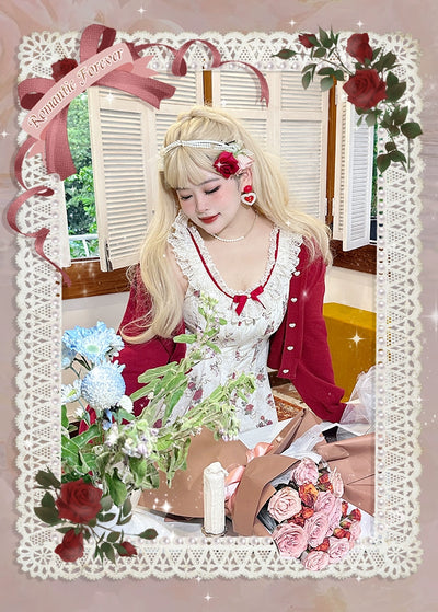 Yingtang~Plus Size Lolita Cardigan Set Elegant French Rose Print Dress 31448:375750