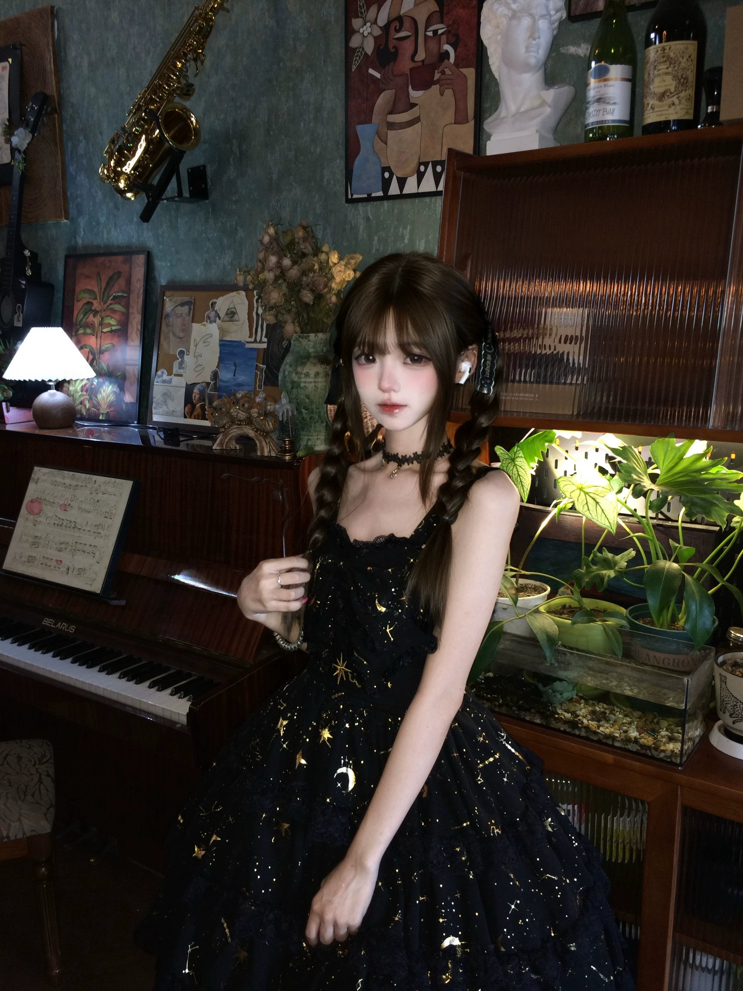 Twin Stars - Classic Lolita Chiffon JSK Dress, Star & Moon Stamping 45764:861301