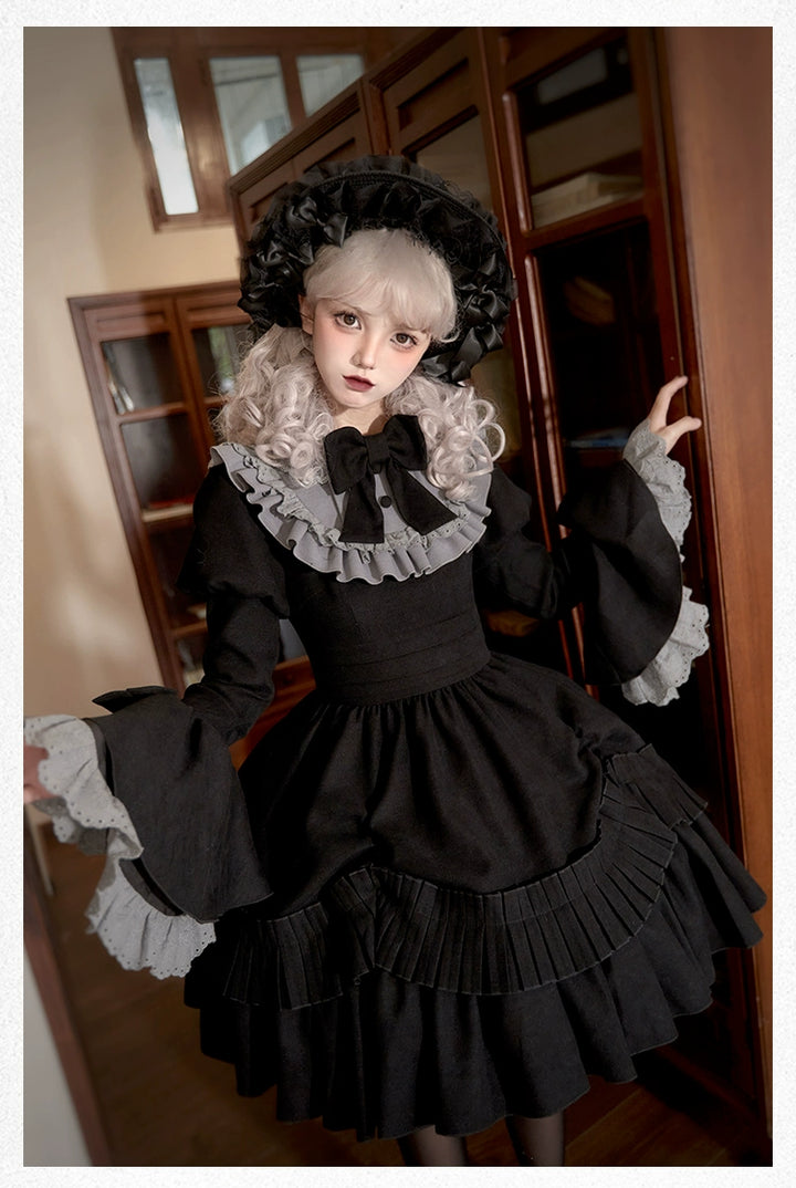 With PUJI~Midnight Chronicles~Black Old School Lolita OP Dress with Princess Sleeve